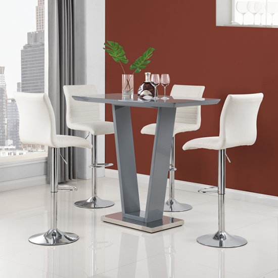 Ilko High Gloss Bar Table In Grey With 4 White Ripple Stools