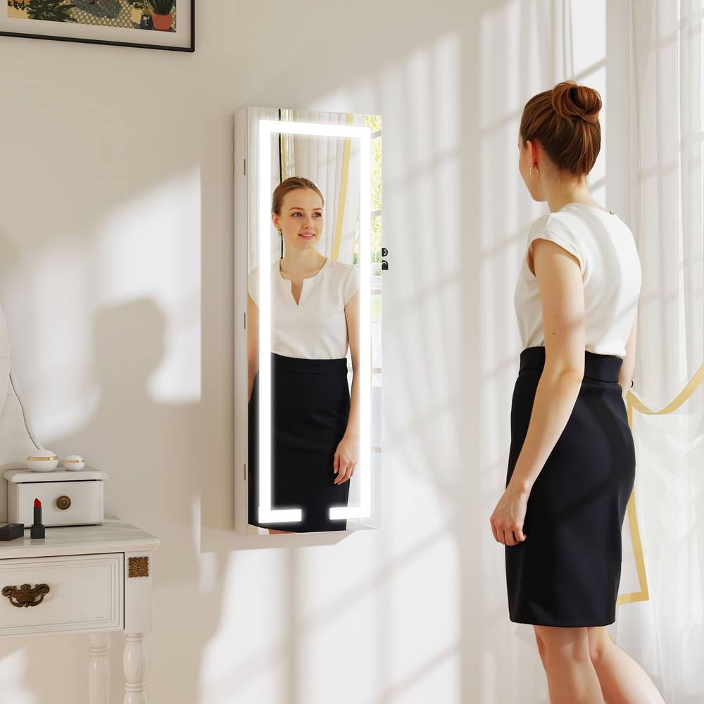HOMCOM LED Mirror Jewellery Cabinet, Full Length Mirror with Storage, White