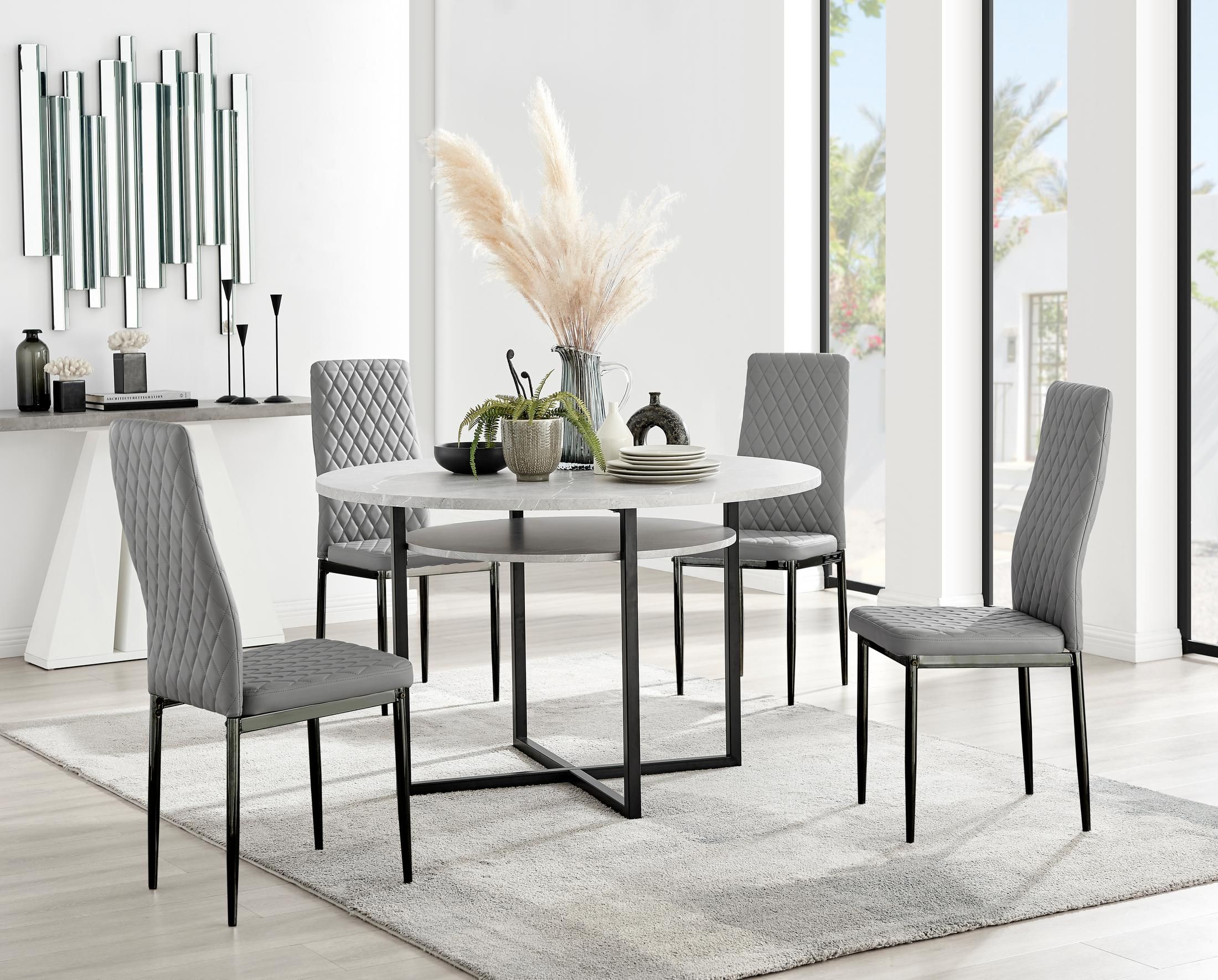 FurnitureboxUK Adley Grey Concrete Effect & Black Round Dining Table with Shelf & 4 Faux Leather Milan Dining Chairs
