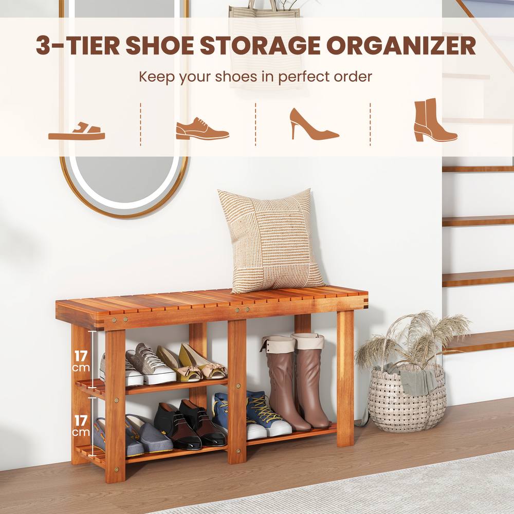 Costway Acacia Wood Shoe Rack Bench 3-Tier Shoe Organizer 87x28x45cm in Brown 5