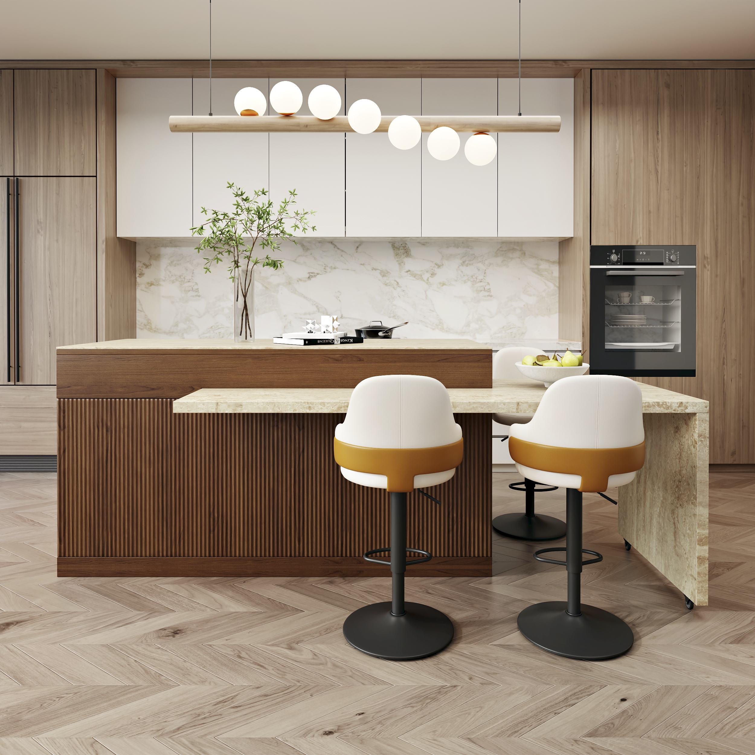 205 - 270 cm Extendable Walnut Kitchen lsland with Doors&Drawers Marble Pattern Top