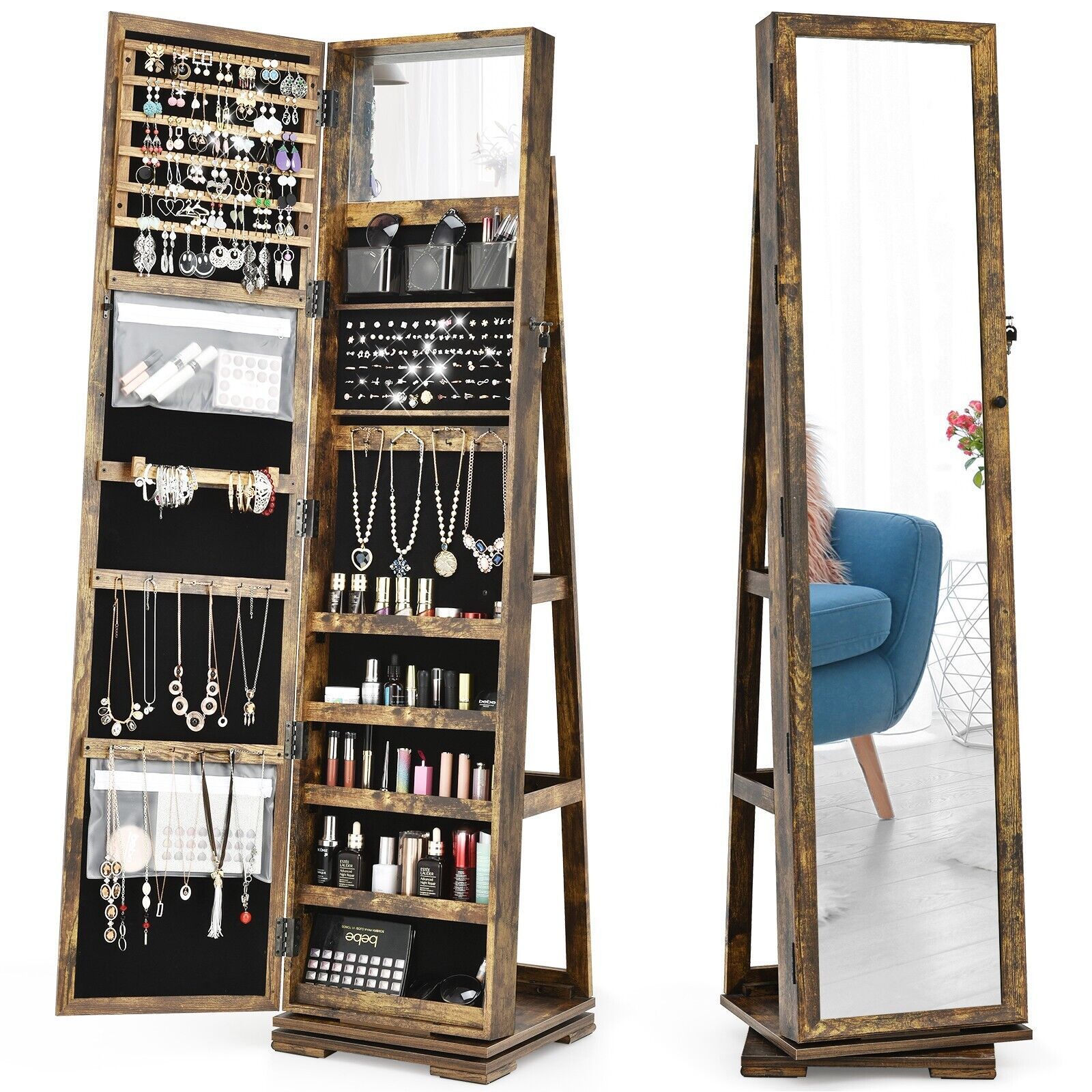 Costway 3-in-1 Rotating Mirrored Jewelry Armoire Freestanding Lockable Large Capacity Jewelry Organizer w/ Makeup Mirror in Brown