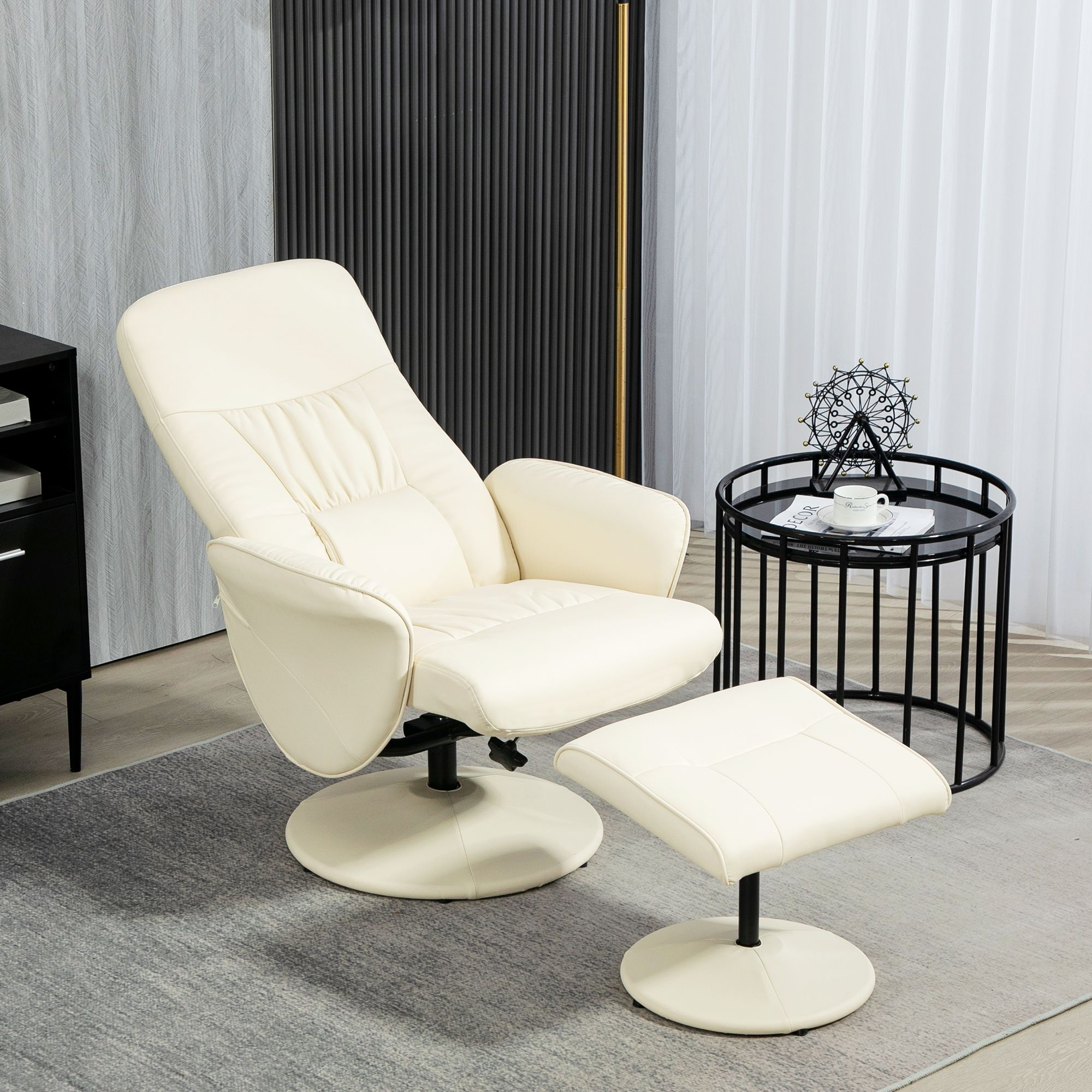 HOMCOM PU Leather Armchair & Footrest Swivel Recliner w/ Ottoman Cream White