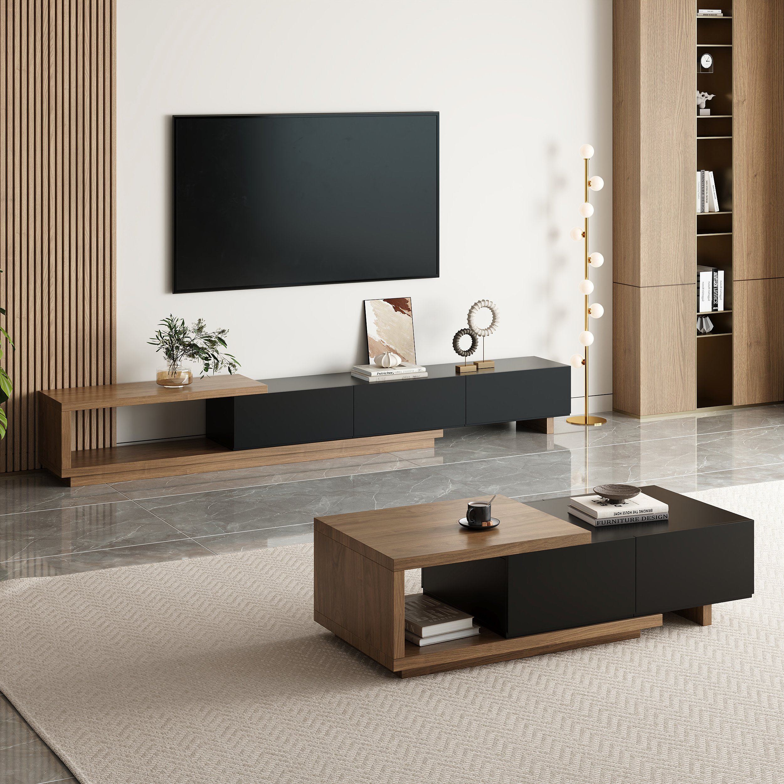 Living Room Cabinet Set Extendable TV Stand & Retracted Coffee Table Set