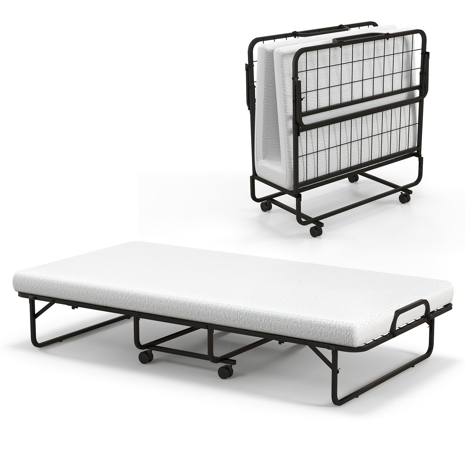 Costway Folding Bed Rollaway Guest Bed Fold up Sleeper Bed W/ 10cm Memory Foam Mattress & 4 Universal Wheels in White