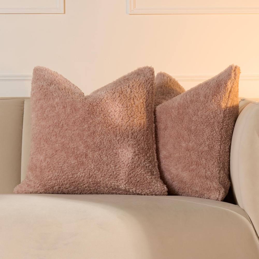 OHS 2 Pack Teddy Marl Soft Fleece Cushion Covers - 45 x 45cm in Pink