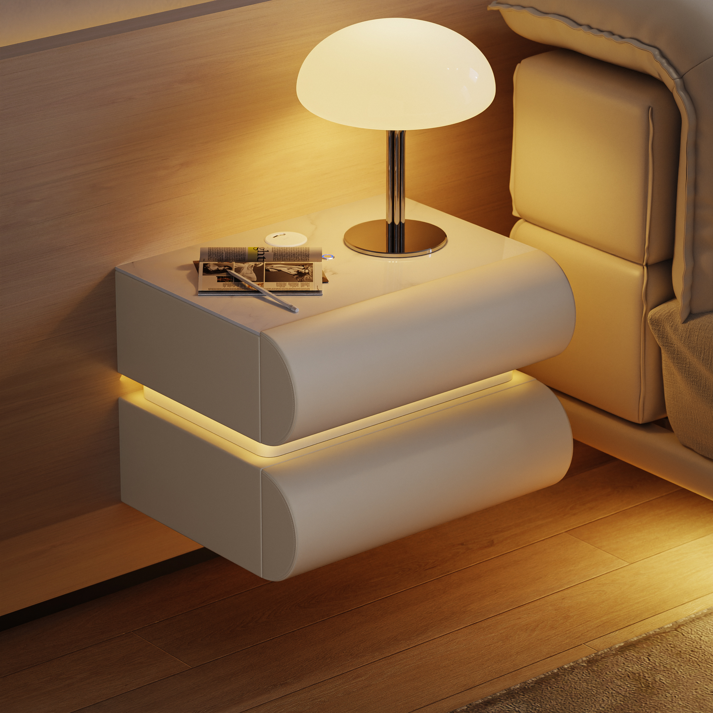 Humply Floating Leather 2-Drawer Smart LED Bedside Table with Sintered Stone Top