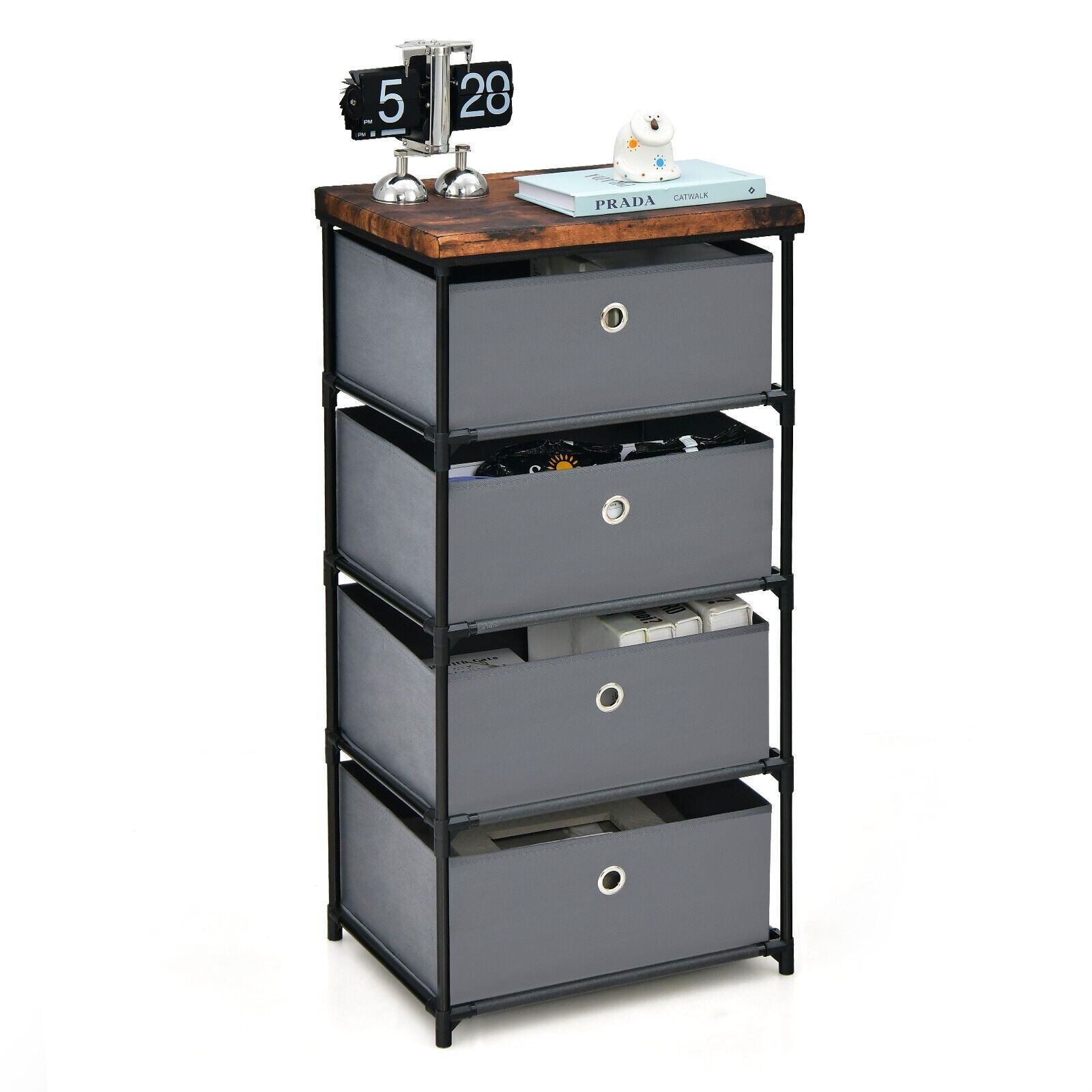 Costway 4 Drawer Fabric Dresser Storage 4-Tier Organizer Tower Dresser Nightstand w/ Drawers in Grey