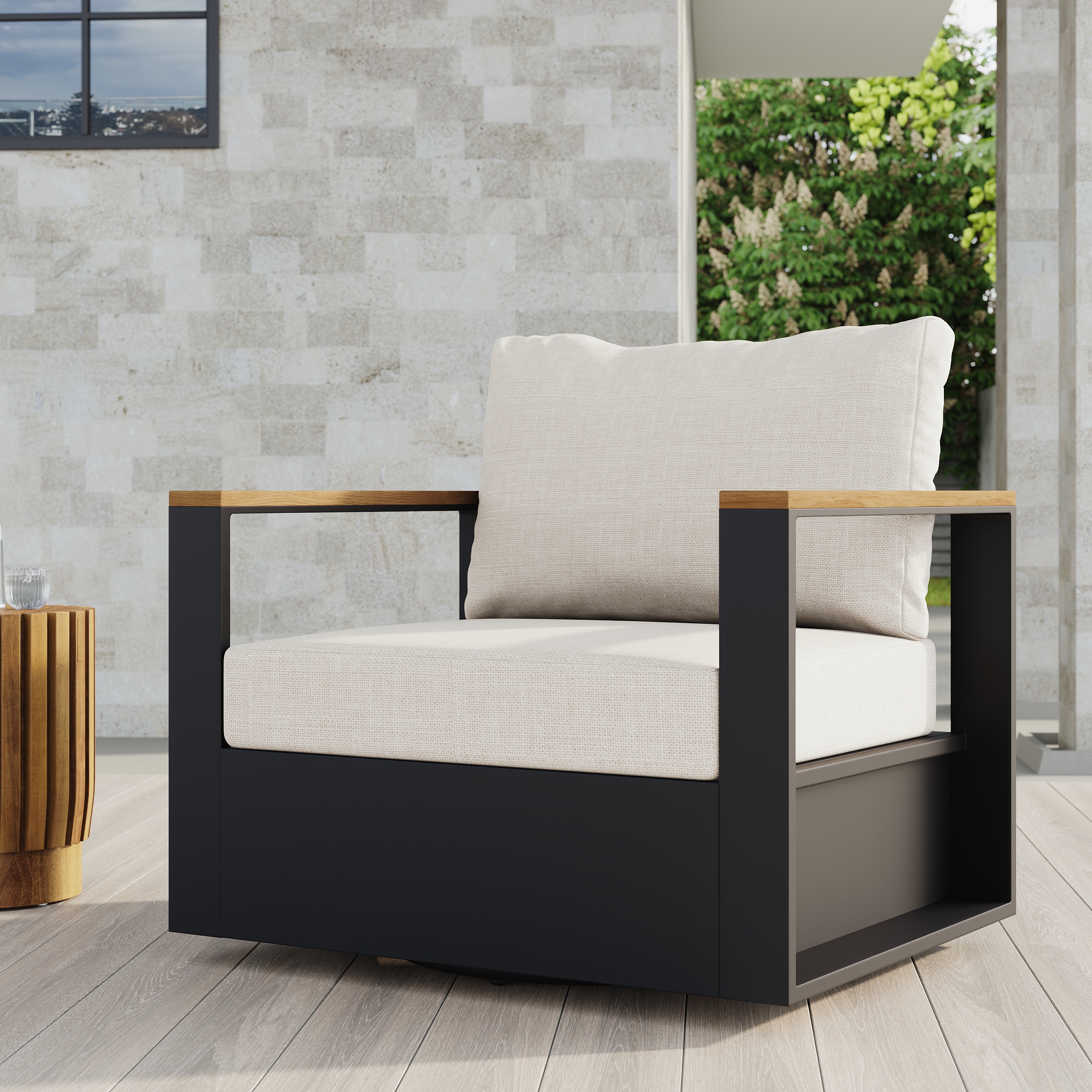 Tevara Teak & Aluminium Outdoor Swivel Chair Modern Yard & Patio Furniture in Beige Cushion Included
