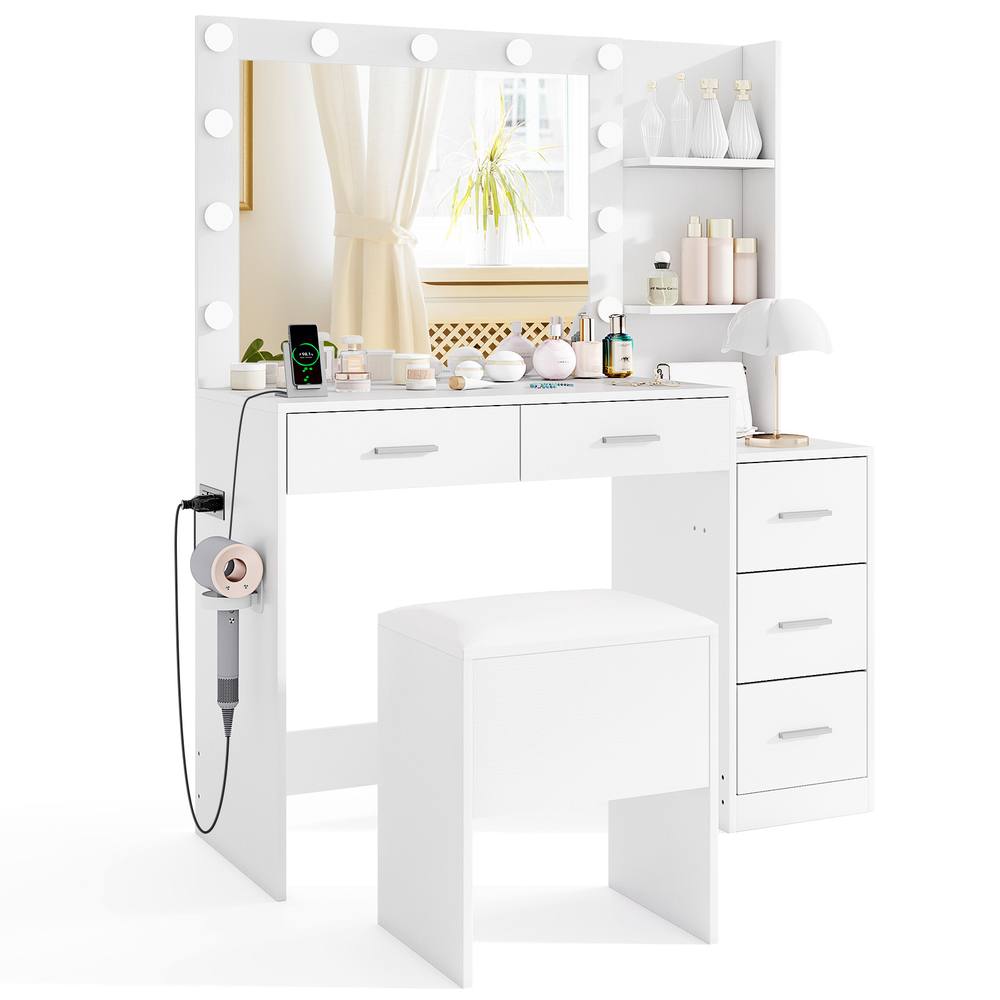 Costway Modern Vanity Desk w/5 Drawers &Stool Makeup Table Set w/Power Outlets in White