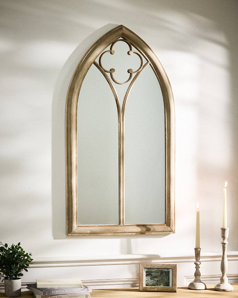 Dibor Vintage Style Pointed Arch Mirror Decorative Indoor Decor Window Mirror H105cm x 56cm in Grey