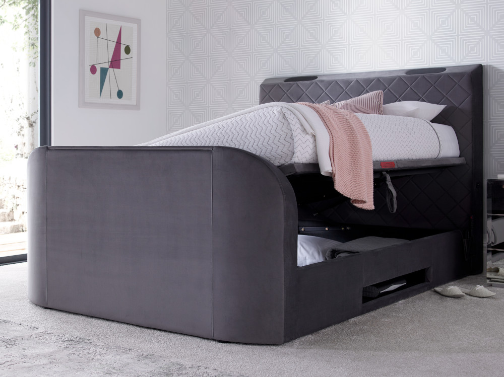 Paris Grey Velvet Ottoman Electric Media TV Bed - 4ft6 Double