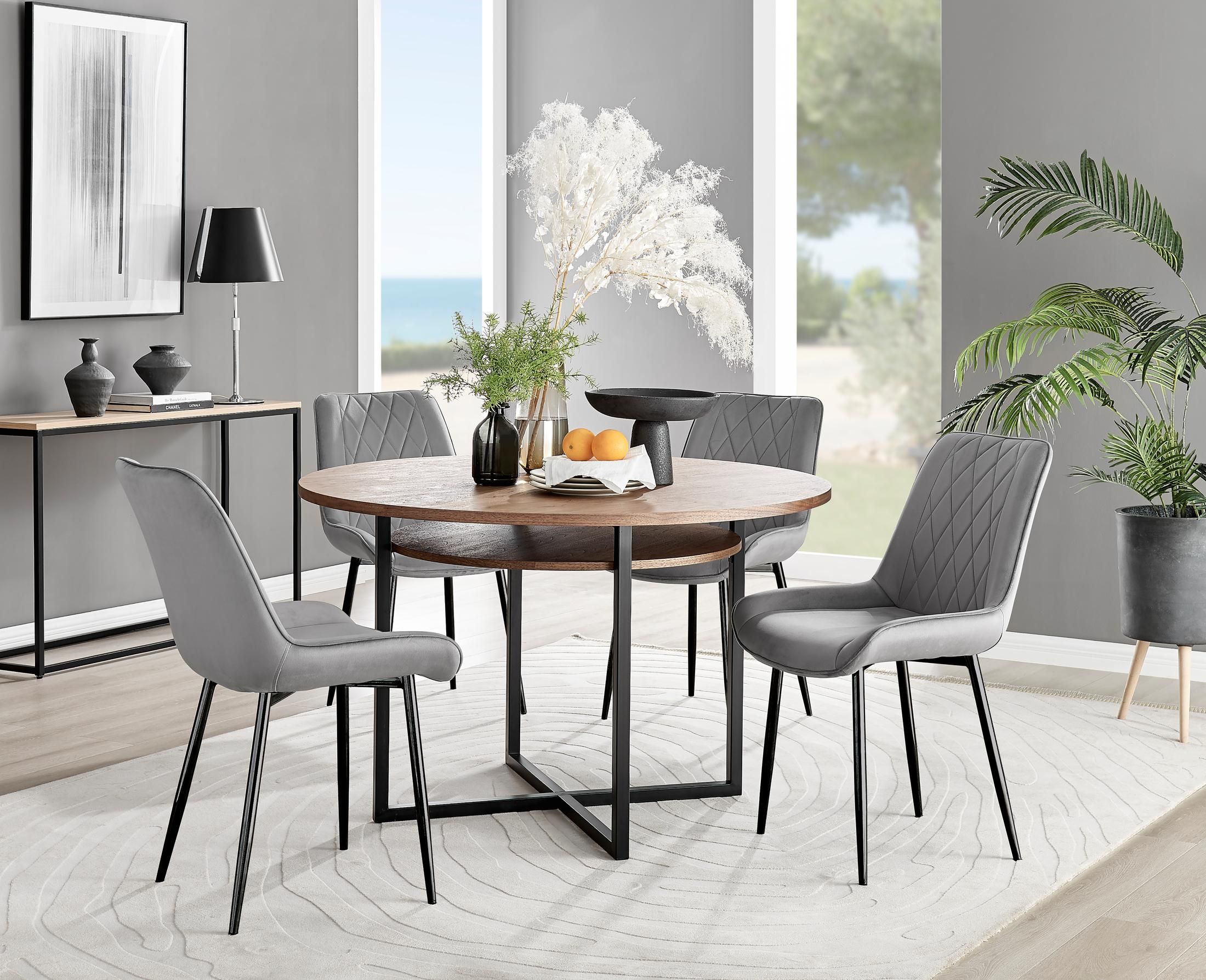 FurnitureboxUK Adley Brown Wood Storage Dining Table & 4 Pesaro Black Leg Chairs in Grey