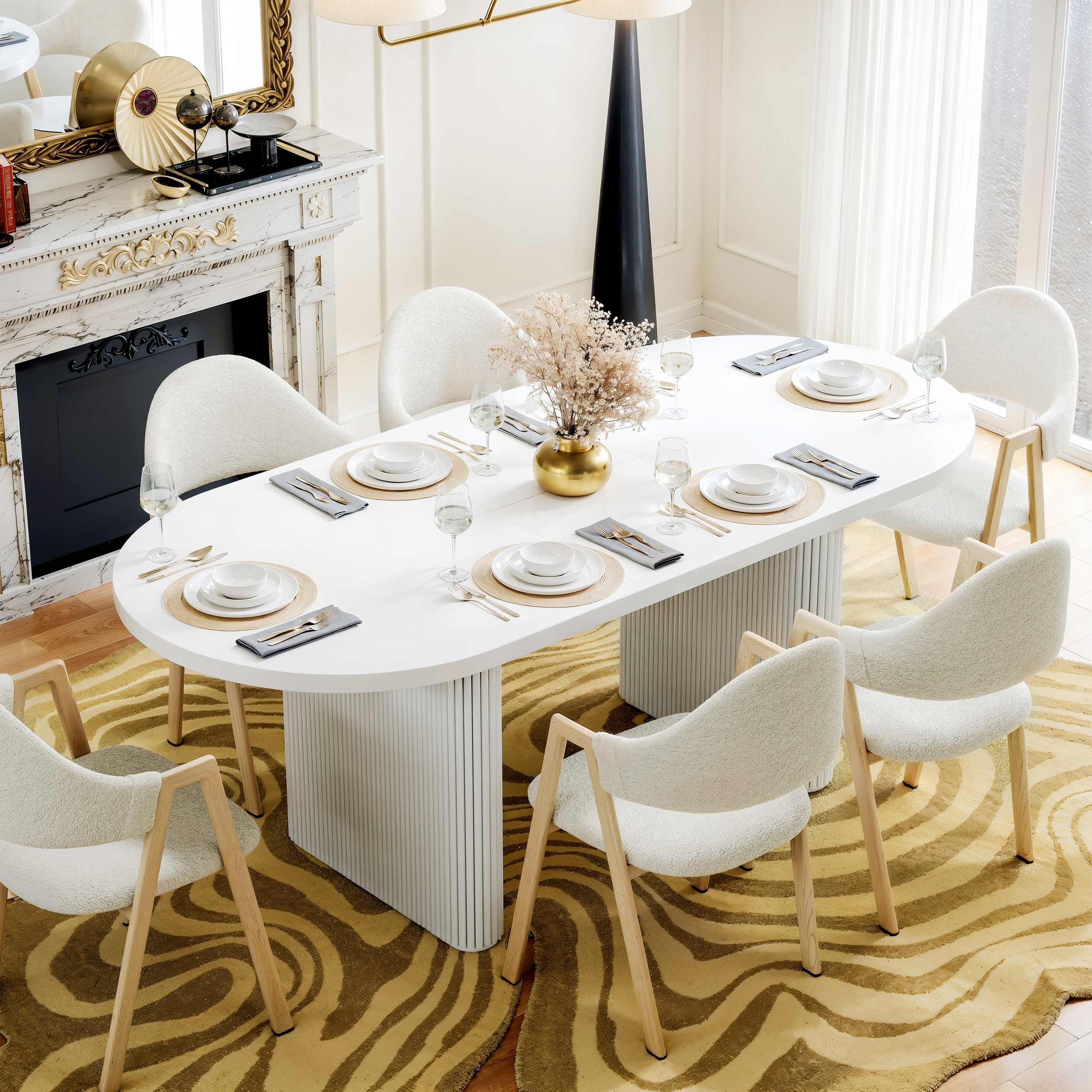 Japandi 1600mm-2000mm Oval Extendable White Dining Table & 6 Dining Chair Set
