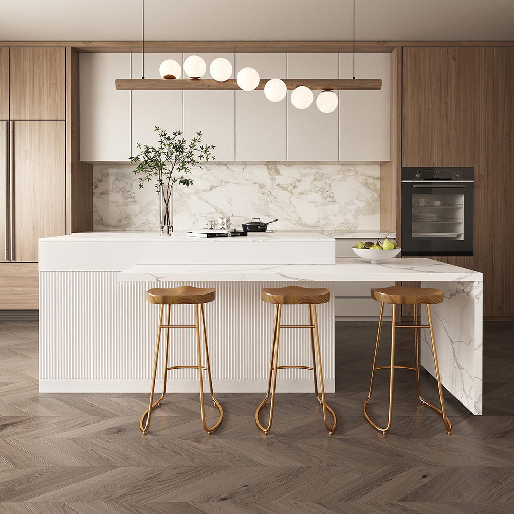 205 - 270 cm Extendable Kitchen lsland Marble Pattern Top with Drawers White Modern