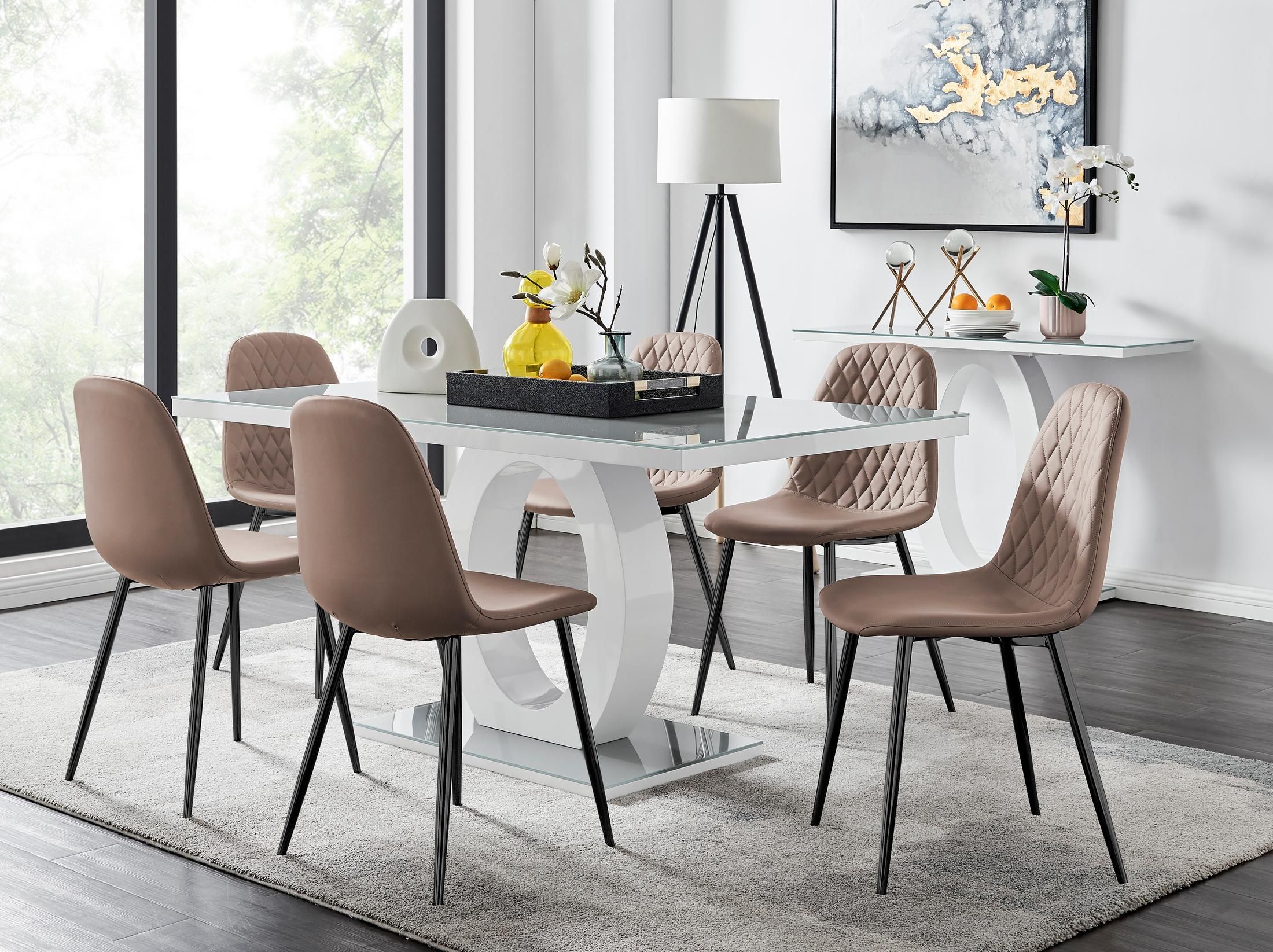 FurnitureboxUK Giovani 6-Seater Grey Glass Dining Table & 6 Corona Faux Leather Dining Chairs in Beige