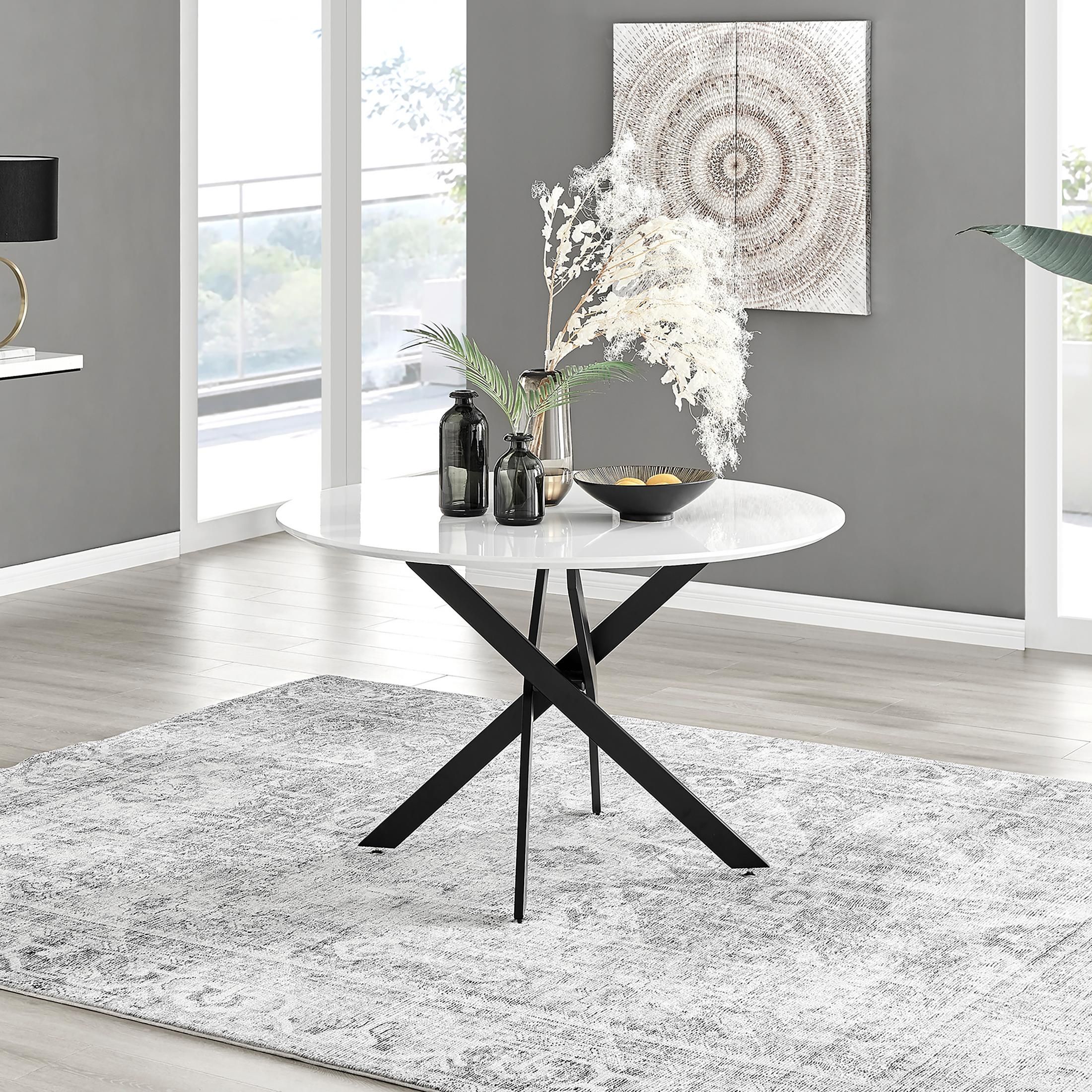 FurnitureboxUK Novara 120cm Round 6-Seater Dining Table With Black Metal Legs in White