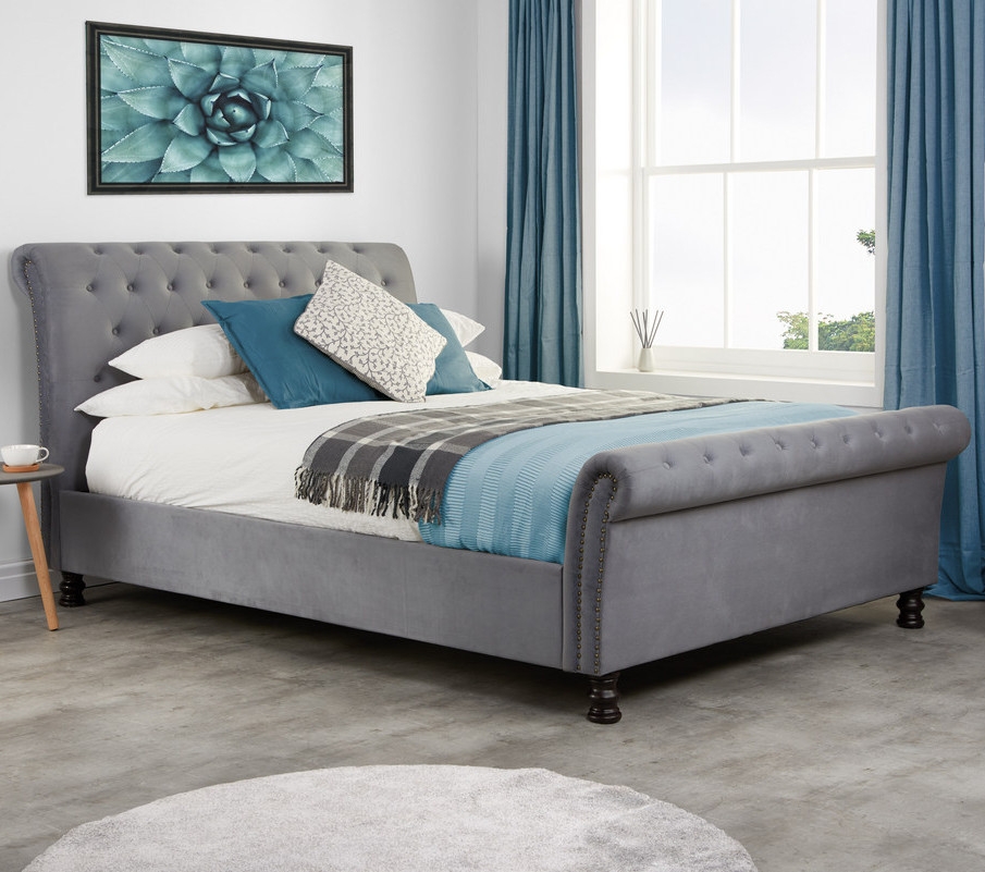 Opulence Grey Velvet Fabric Scroll Sleigh Bed Frame - 6ft Super King Size