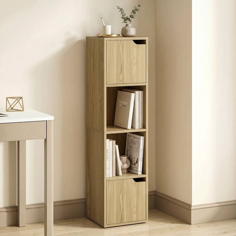 HOMCOM Bookcase with 2 Cabinets & Doors, 4-Tier Bookshelf, Oak in Light Oak