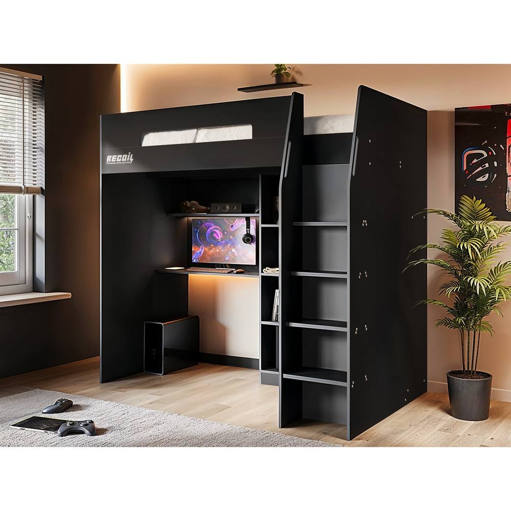 Flair Summit Gaming High Sleeper with Wardrobe Black in Grey