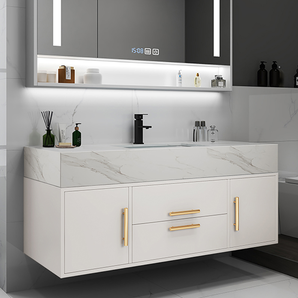 Modern 100 cm White Floating Bathroom Vanity Set Stone Top Wall Mounted Bathroom Cabinet