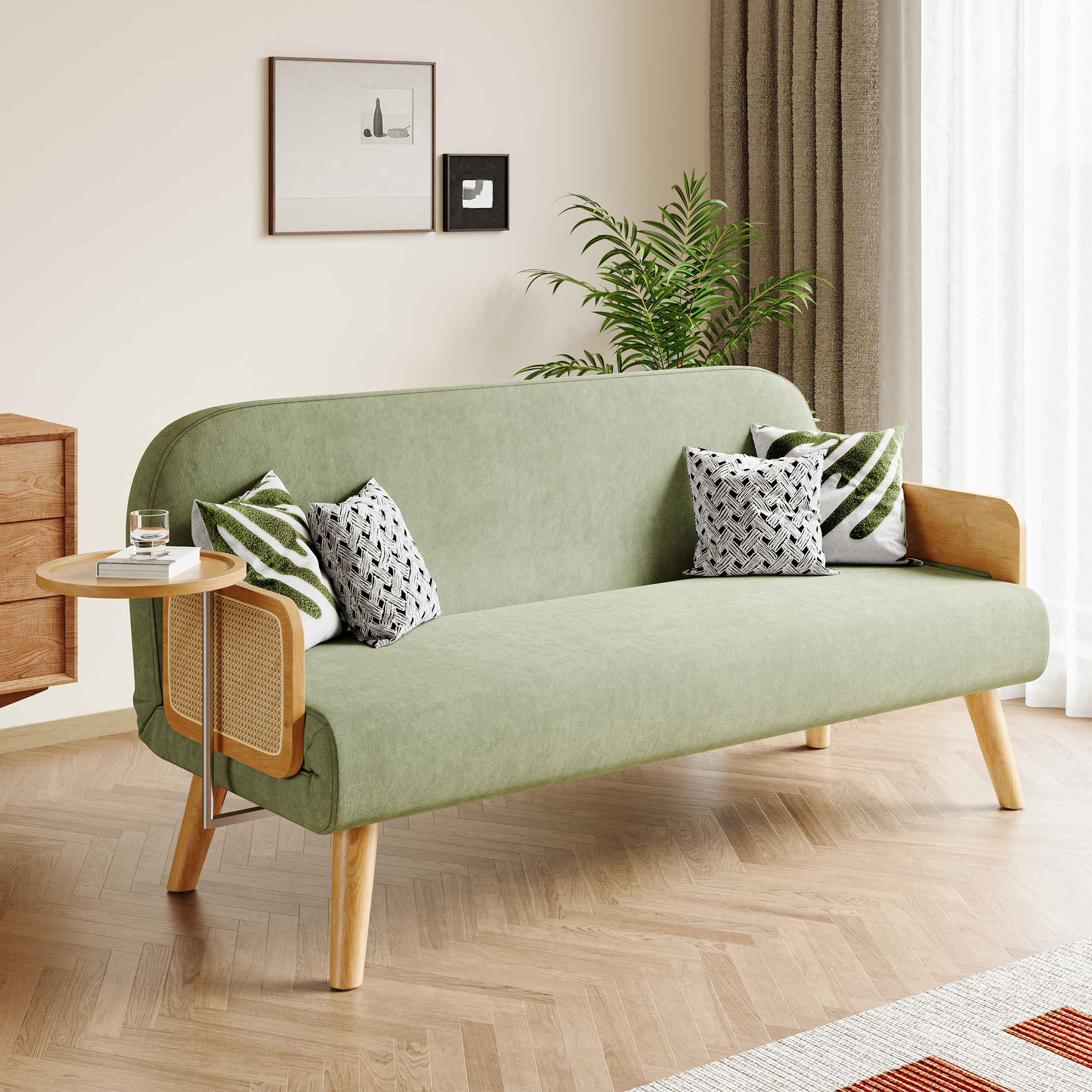 Mid-Century Modern Rattan Daybed Full Sofa Bed Convertible Sleeper Lounge Chair Folding