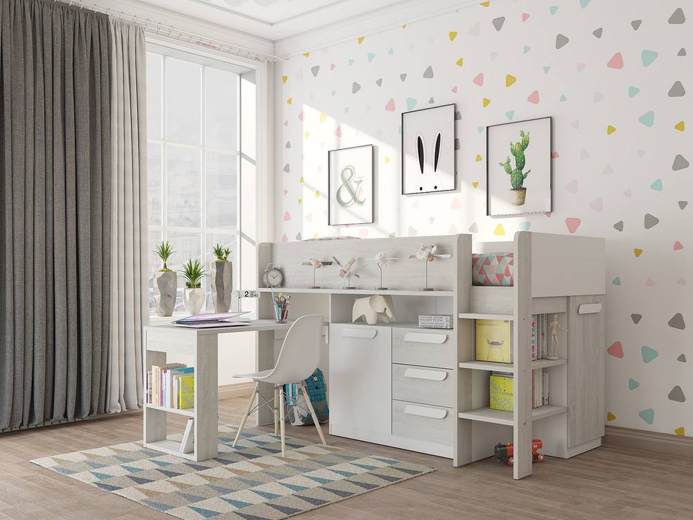 Vente-unique Cabin Bed With Desk & Storage - 90 X 200 Cm - White & Natural in Light Oak