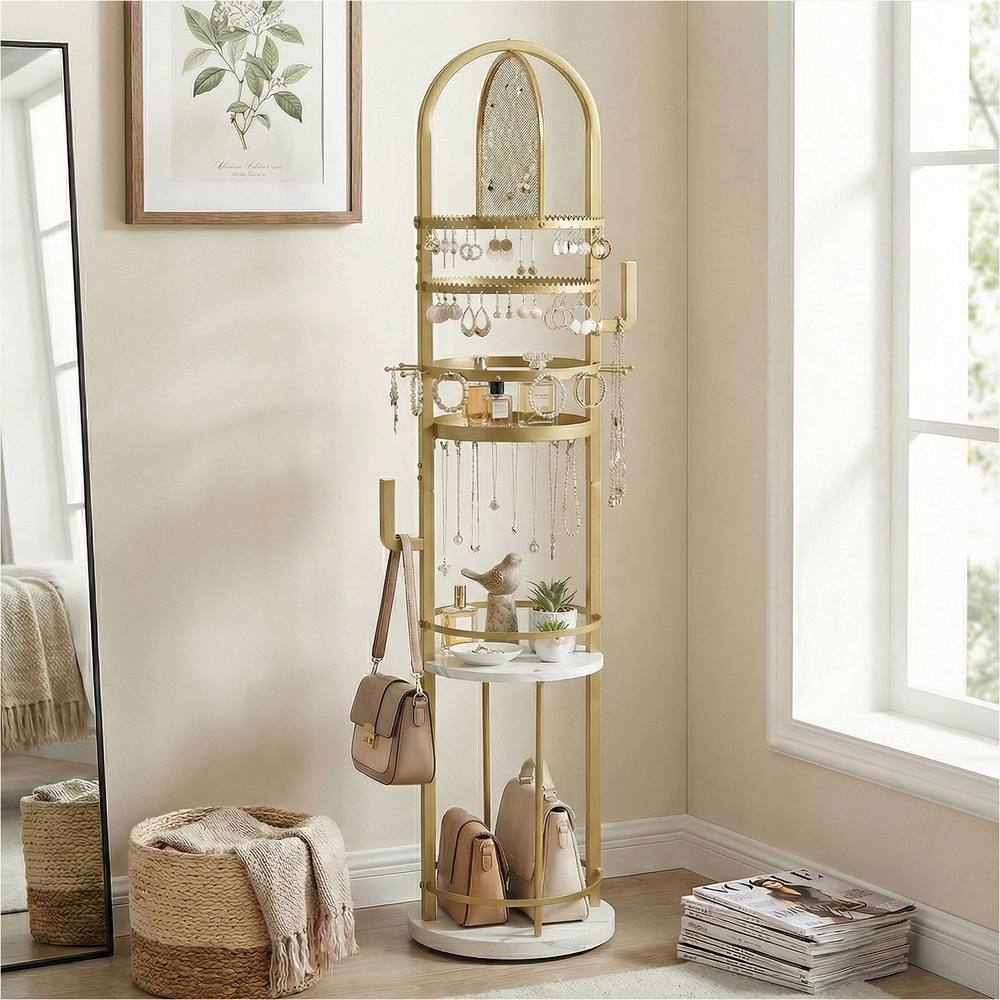 Costway Jewelry Organizer Stand Rotating Jewelry Storage Rack w/Earring Holder in Gold