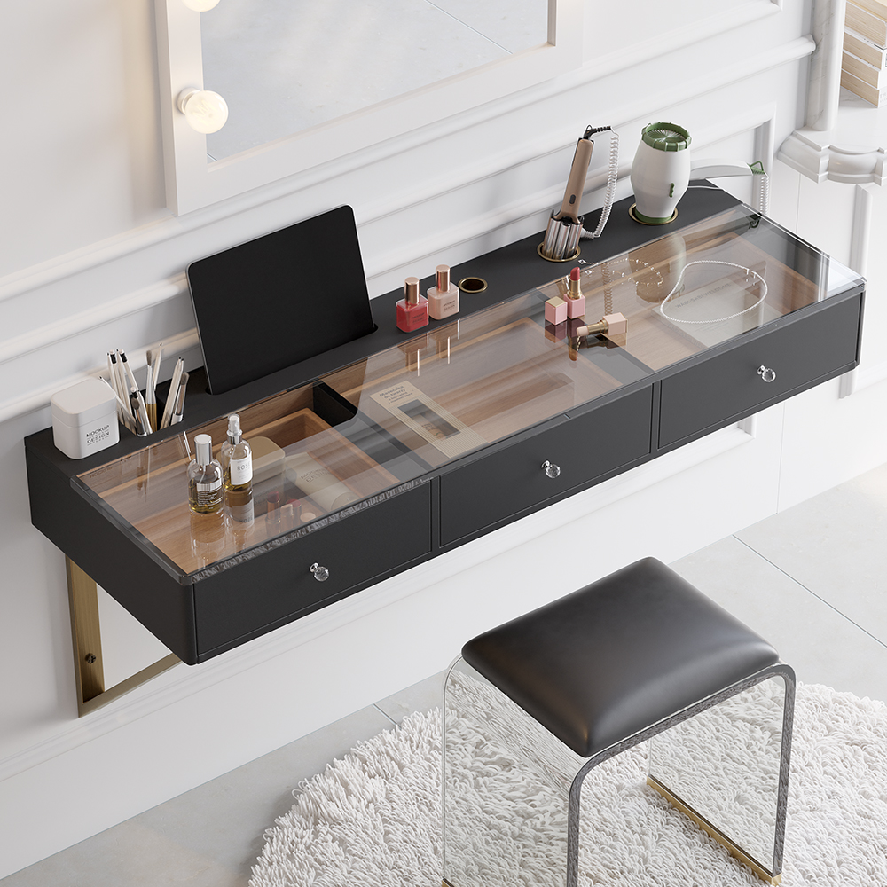 Glass Modern Floating Black Dressing Table with Tempered Top & Drawers Wall Mounted Beauty Station