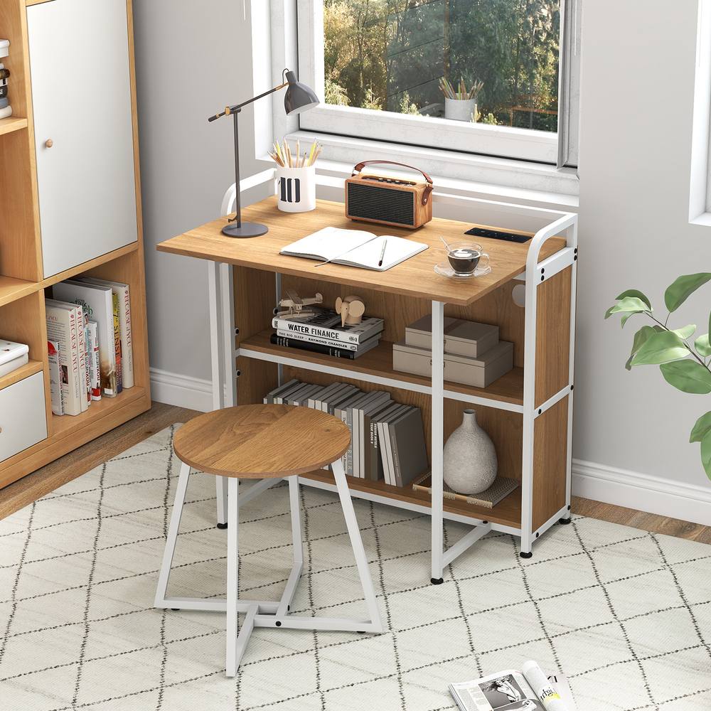 Costway Folding Table w/ Stool 90 cm Computer Desk Set w/ AC Outlets in Natural