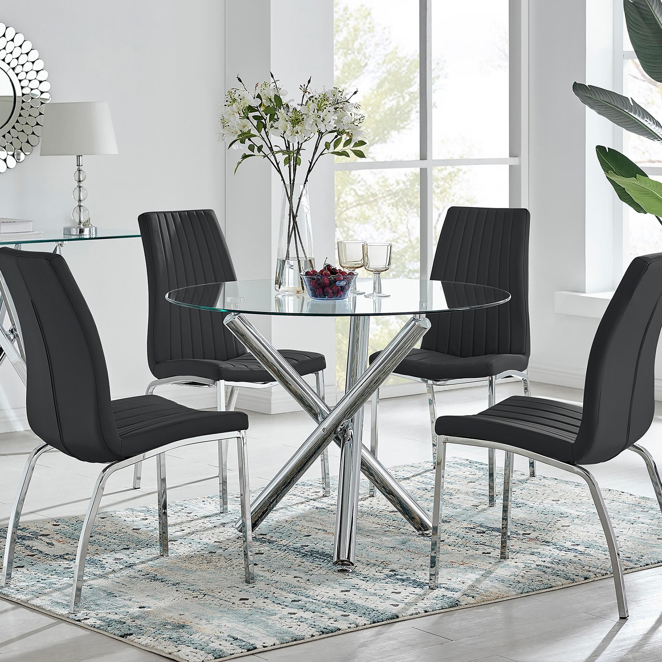 FurnitureboxUK Selina Round Glass Chrome Leg Dining Table & Isco Chairs in Black