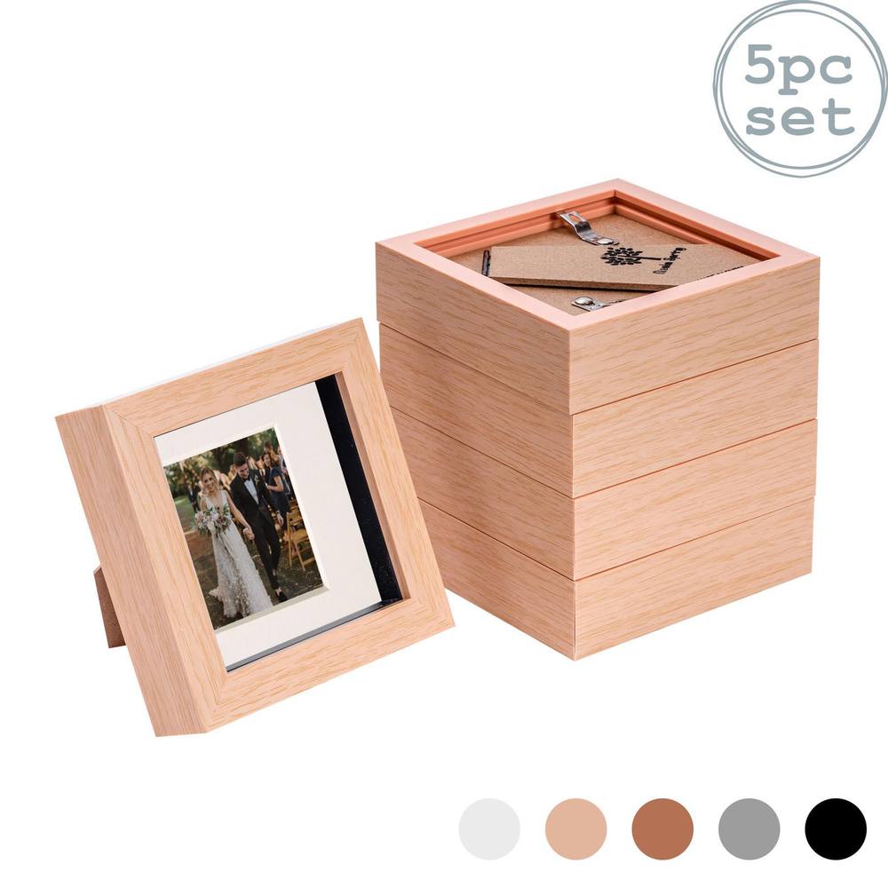Nicola Spring 3D Box Photo Frames - 4 x 4" with 2 x 2" Mount - Black Mount - Pack of 5 in Light Brown