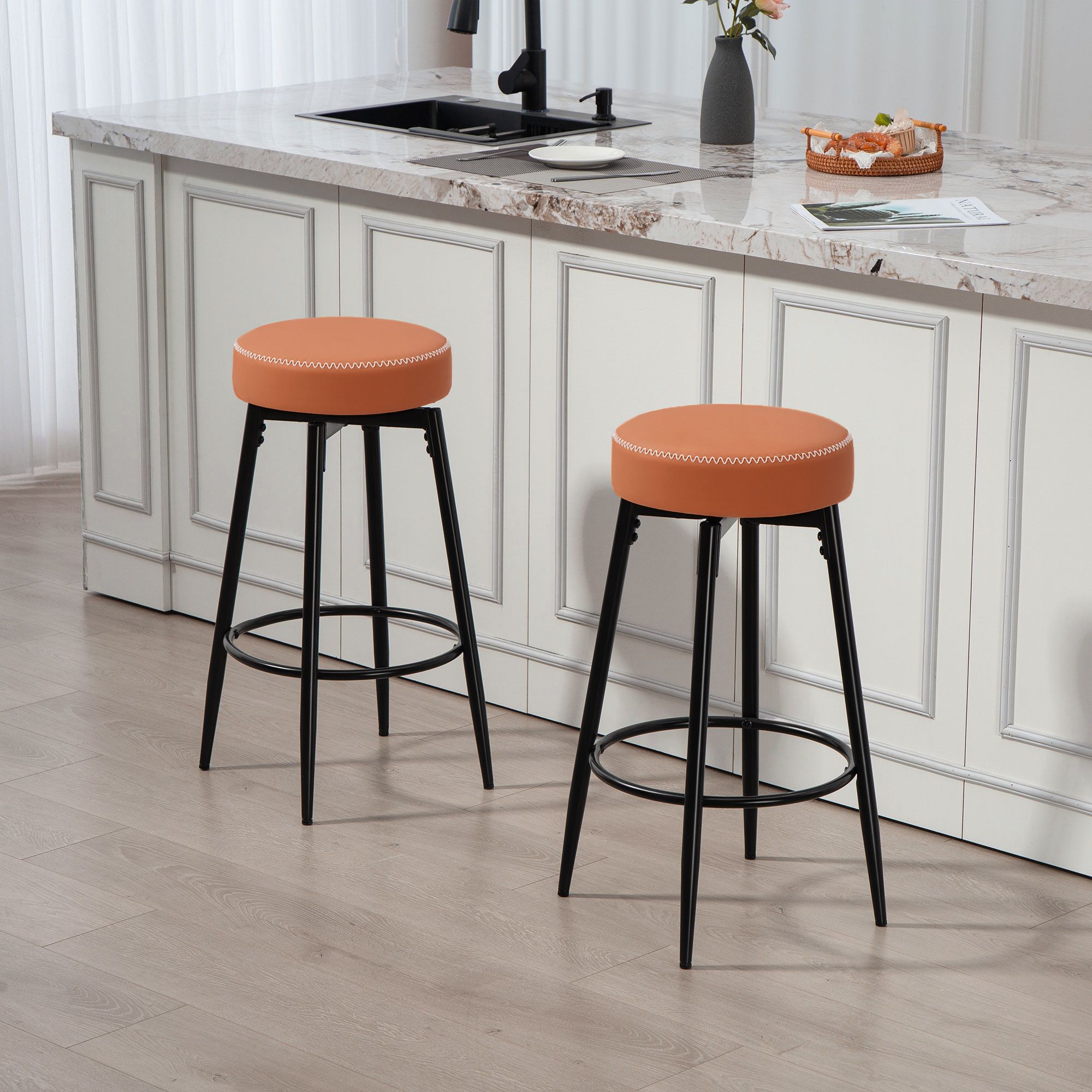 HOMCOM 360 Degree Swivel Bar Stools Set of 2, PU Leather Barstools with Footrest in Brown
