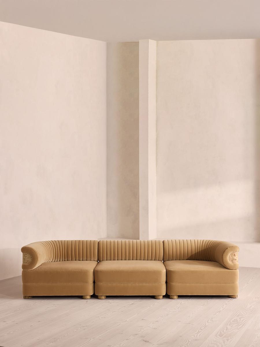 Caleb Modular Four Seater Sofa, Velvet, Camel, Blonde Burl