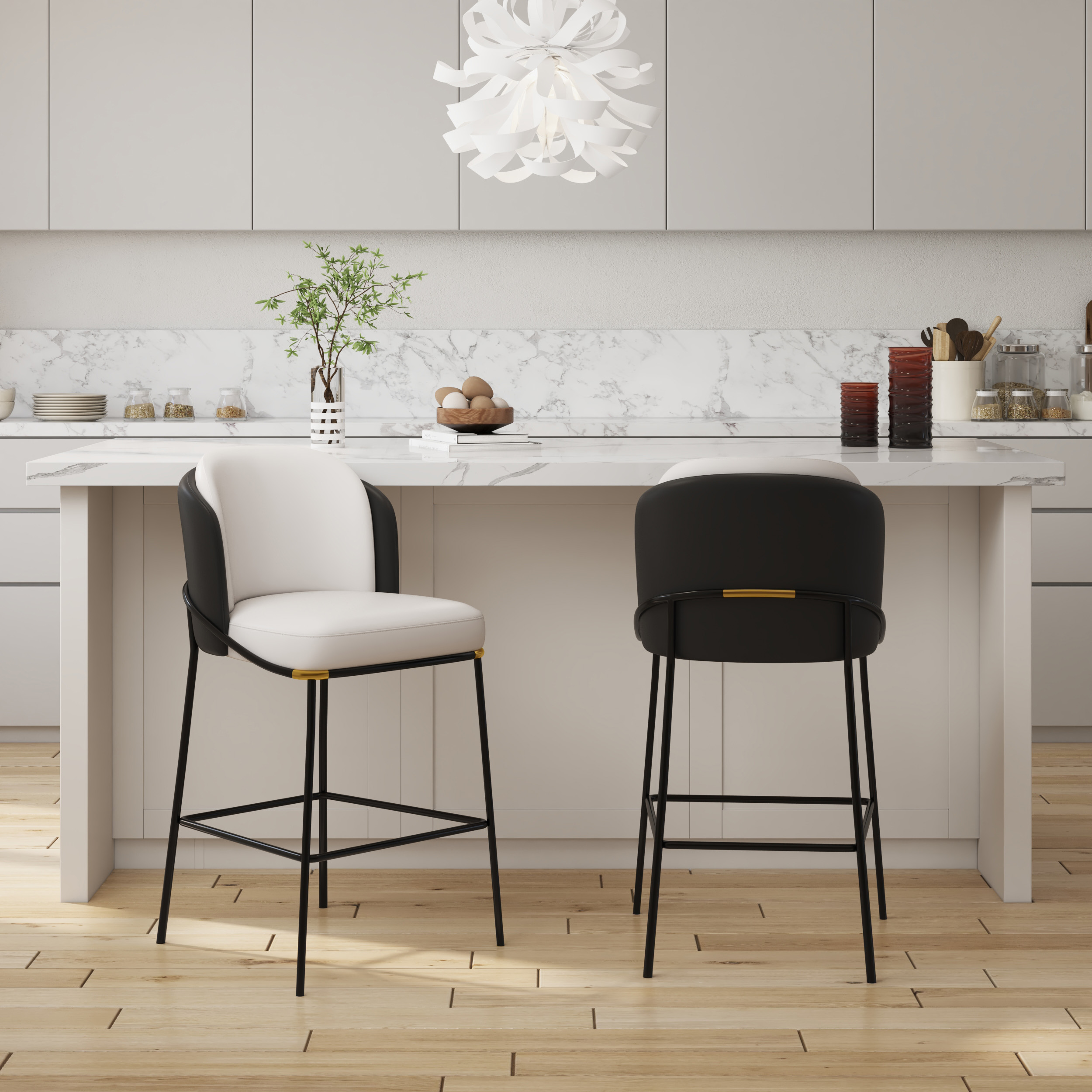 Modern PU Leather Bar Stool Black with Back & Footrest Set of 6