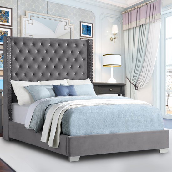 Newkirk Plush Velvet Upholstered Small Double Bed In Steel