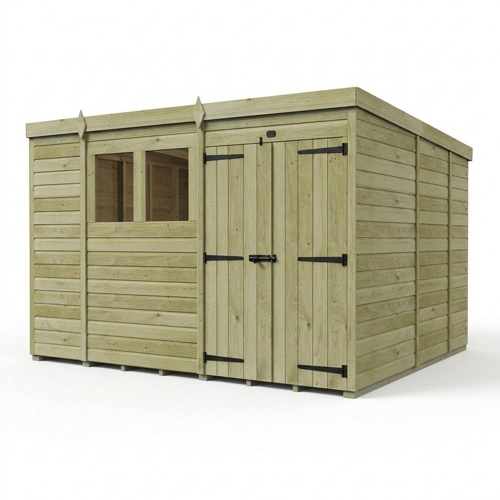 Buttercup Farm 10ft x 9ft Pent Garden Shed Double Door With Windows - Timber in Brown