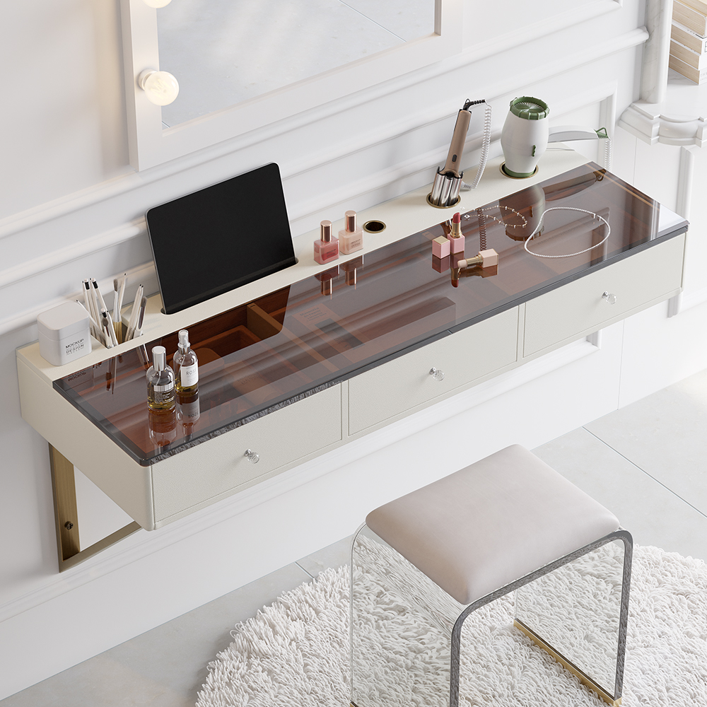 Glass Modern Floating Dressing Table with Tempered Top & Drawers Wall Mounted Beauty Station