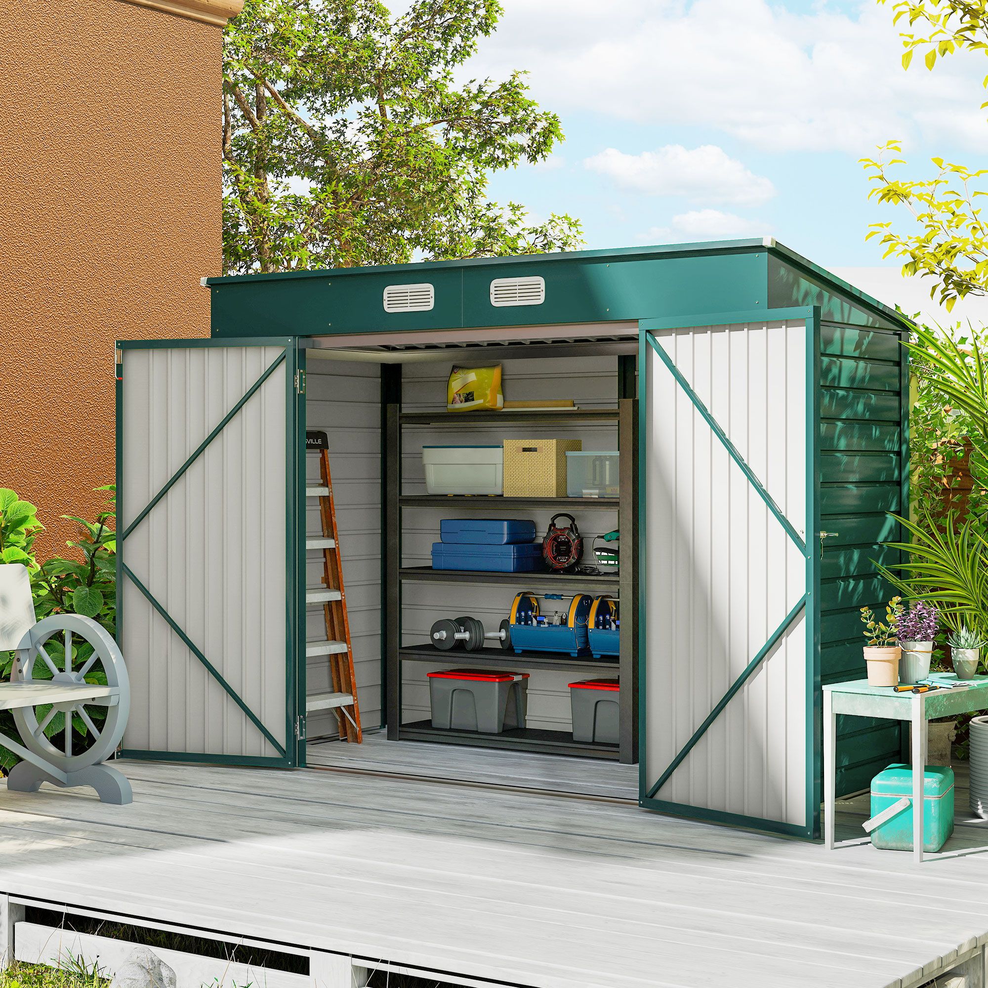 OUTSUNNY 8 x 4FT Metal Garden Storage Shed with Double Doors & 2 Vents in Green
