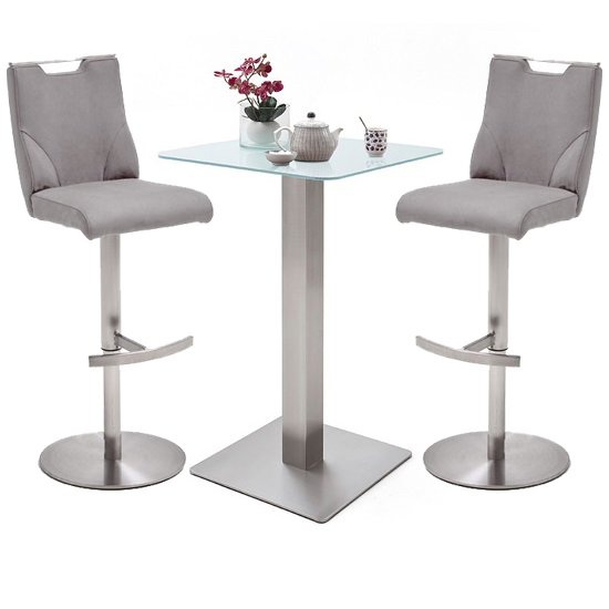 Soho White Glass Bar Table With 2 Jiulia Ice Grey Leather Stools