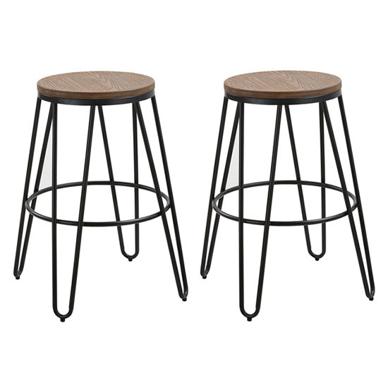 Ikon Black Metal Hairpin Leg Bar Stool With Wooden Seat In Pair