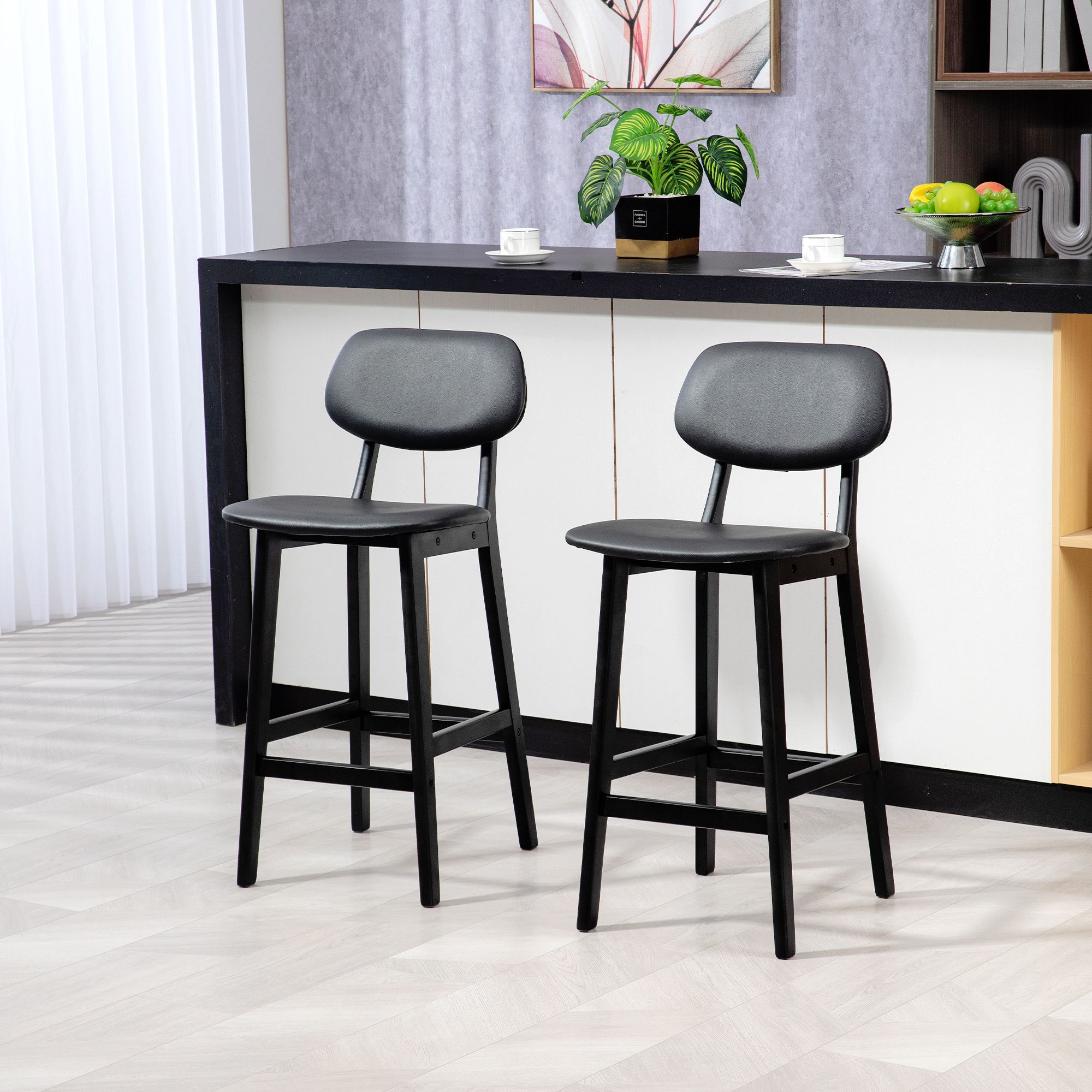 HOMCOM Breakfast Bar stools Set of 2 with PU Leather Cover, Wood Legs in Black