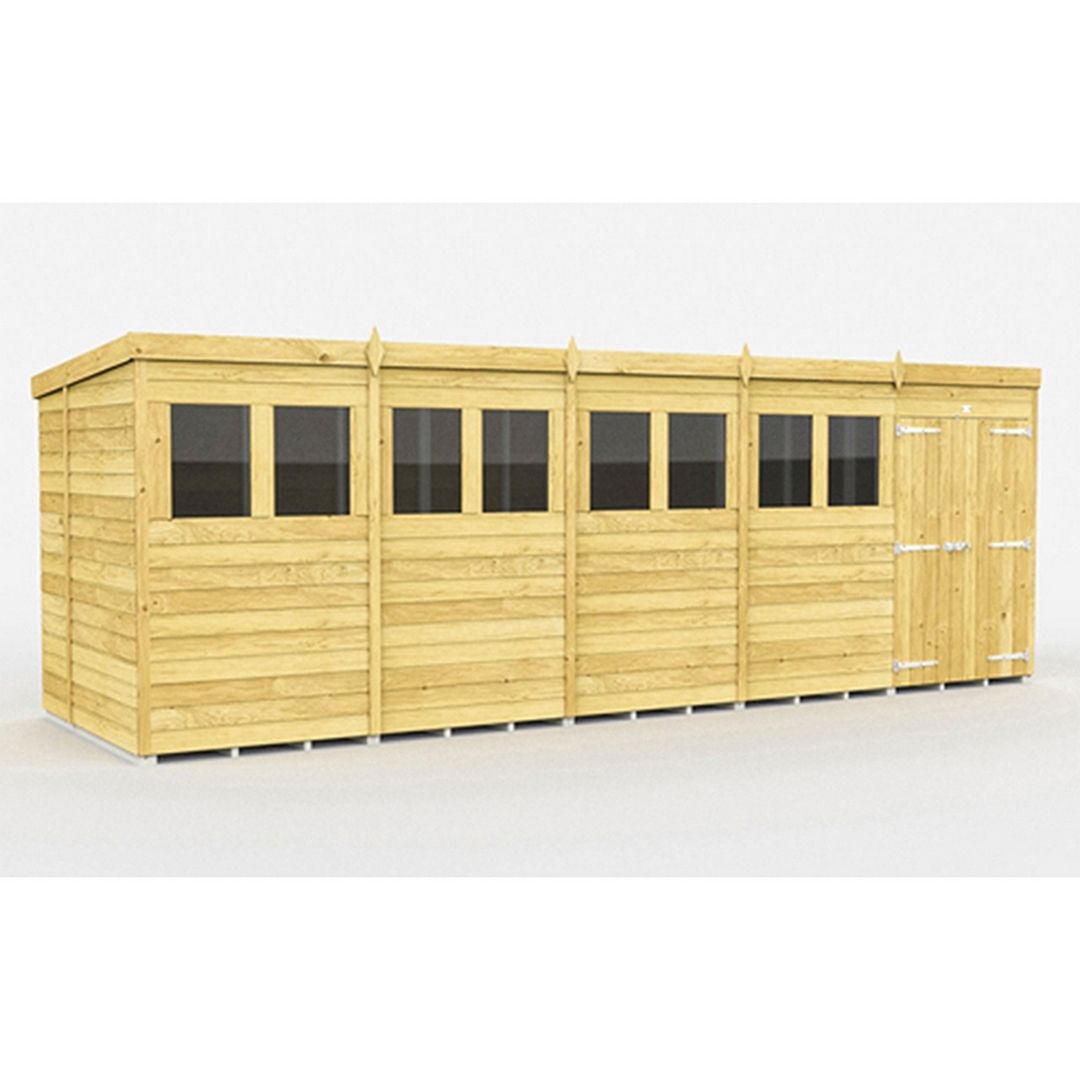 Buttercup Farm 20 x 6 Feet Pent Shed - Double Door W/ Windows - L178 x W589 x H201 cm in Brown