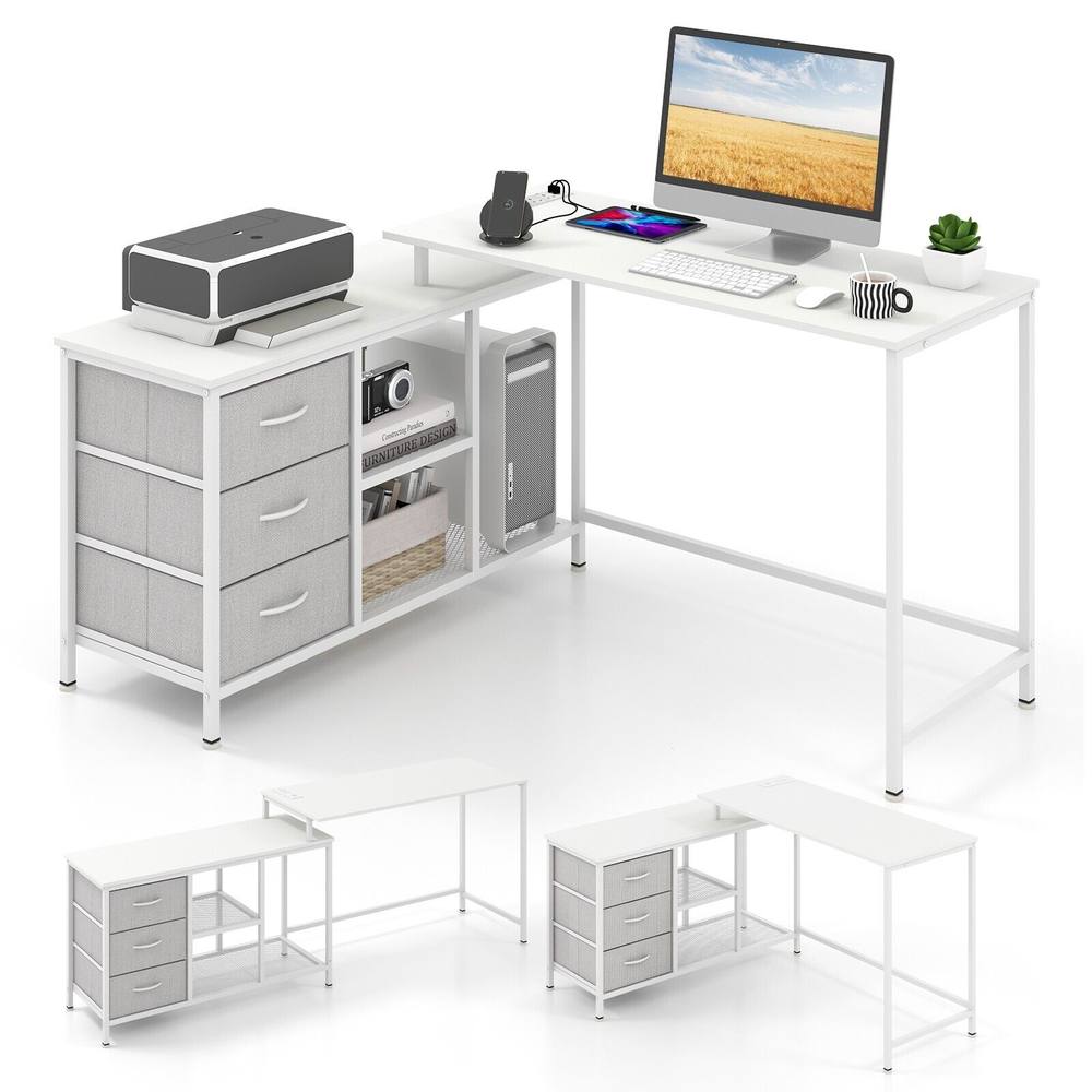 Costway L Shaped Computer Desk Convertible Home Office Table with Drawers in White