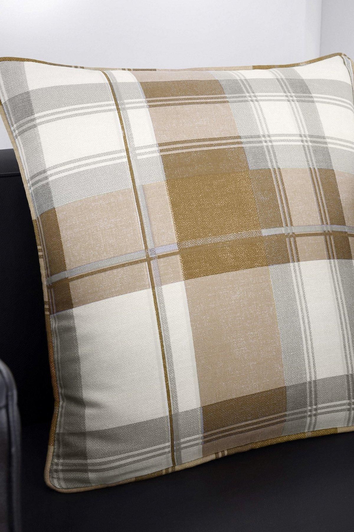 Fusion 'Balmoral Tartan' Warm Woven Check 100% Cotton Filled Cushion in Natural