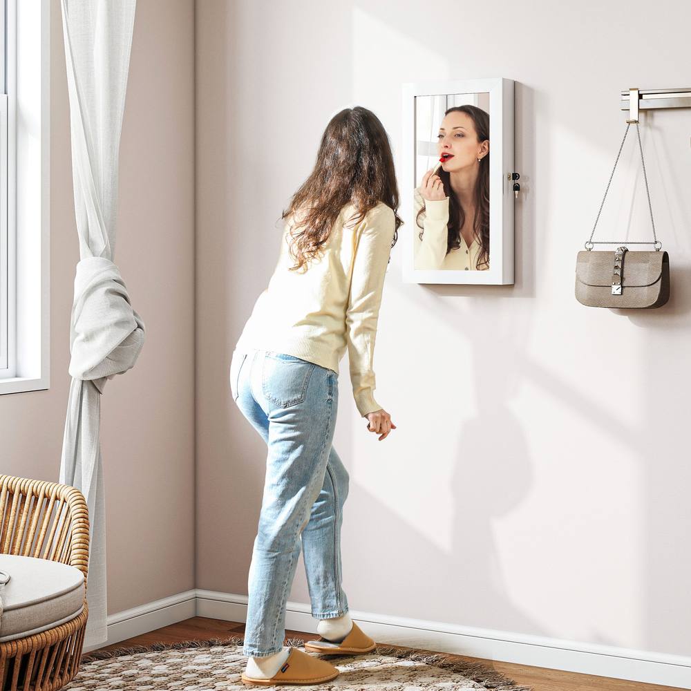 HOMCOM Jewelry Cabinet, Wall-Mounted Storage Cabinet with Mirror in White