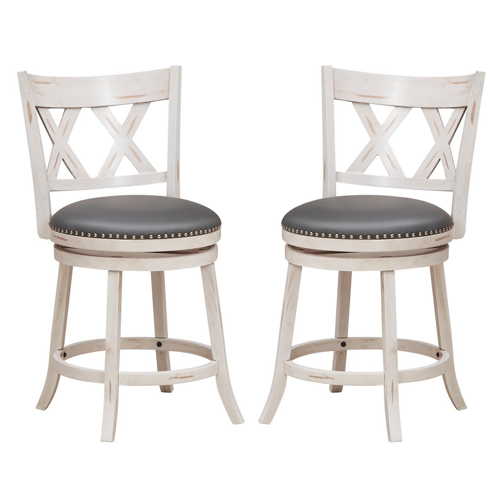 Costway Set of 2 Bar Stools Counter Height Chair Pub 360 Swiveling Upholstered Seat 24" in White