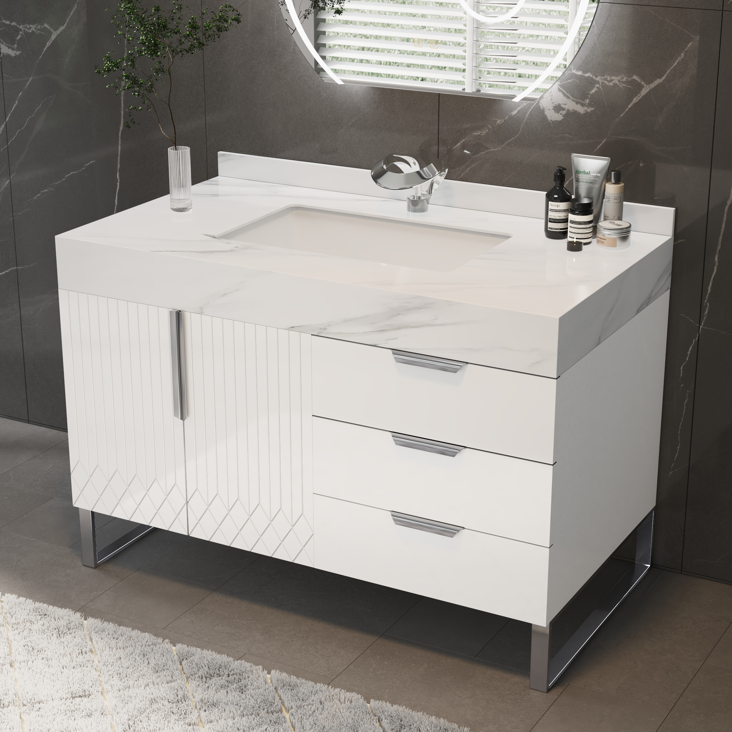 Aro 90 cm White Freestanding Ceramics Basin Bathroom Vanity Drawers Faux Marble Top