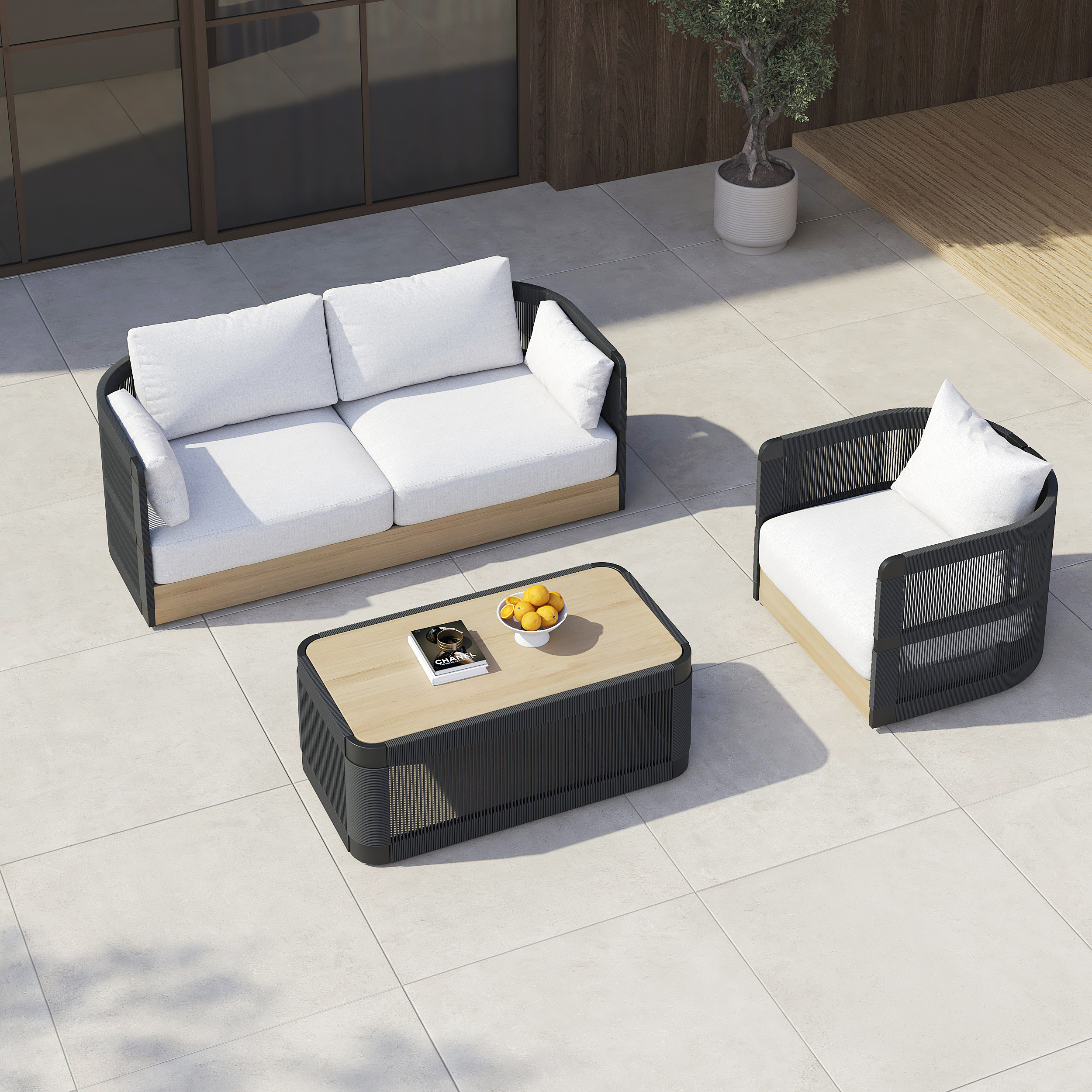 Costra 3-Pieces Modern Aluminium & Rope Outdoor Swivel Sofa Set with Coffee Table in Black for 4