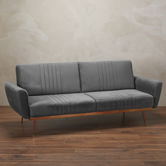 Nico Velvet Upholstered Sofa Bed In Grey With Copper Legs